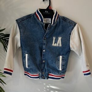Zara Kids Denim Varsity Jacket in Blue and White